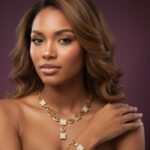 Clover Charm Necklace and Bracelet Set with gold-plated floral motifs and clear crystal accents from L’Africaine Boutique.
