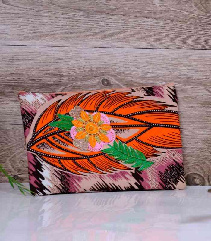 Floral Ember Ankara Clutch 1 Desert Mirage Clutch featuring bold orange feather design and hand-beaded floral appliqué with sequins, inspired by the Vaal region.