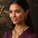 Flowing Waterfall Necklace and Earring Set with gold-plated curves and crystals in pink, blue, yellow, and diamond-white from L’Africaine Boutique.