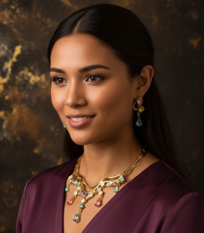 Flowing Waterfall Set 2 Flowing Waterfall Necklace and Earring Set with gold-plated curves and crystals in pink, blue, yellow, and diamond-white from L’Africaine Boutique.