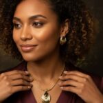 Gold Leaf Jewelry Set Necklace, Earrings, and Bracelet Set with soft curves and crystal accents from L’Africaine Boutique.