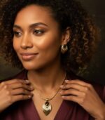 Gold Leaf Jewelry Set Necklace, Earrings, and Bracelet Set with soft curves and crystal accents from L’Africaine Boutique.