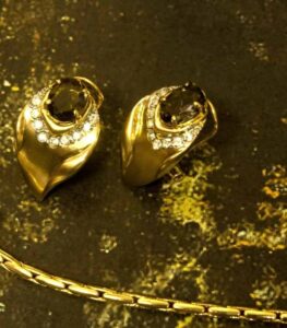 Gold Leaf Jewelry Set Necklace, Earrings, and Bracelet Set with soft curves and crystal accents from L’Africaine Boutique.
