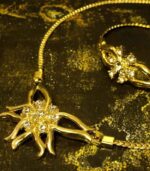 Golden Bloom Radiance Set with gold-plated floral motifs and crystal accents, including necklace, bracelet, and earrings from L’Africaine Boutique.