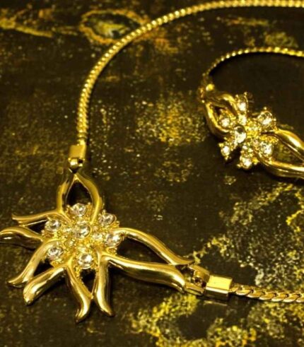 Golden Bloom Radiance Set with gold-plated floral motifs and crystal accents, including necklace, bracelet, and earrings from L’Africaine Boutique.