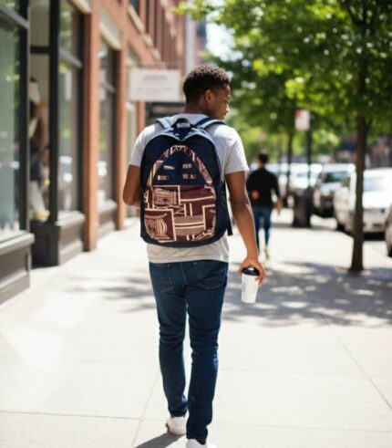 The Maroon Indigo Heritage Backpack by L’Africaine Boutique features bold African prints, indigo fabric, and spacious design—perfect for daily use or travel.