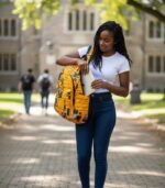 Heritage Kente Backpack with vibrant geometric Kente patterns in yellow, green, blue, and black, featuring L’Africaine Boutique logo.