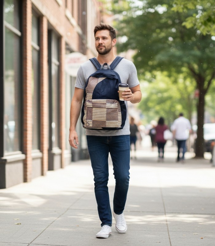 Indigo Heritage Backpack with deep indigo fabric and woven panels in gold, cream, and aubergine, featuring structured form and L’Africaine Boutique insignia.