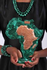 Large Malachite Africa Map shaped like the African continent with copper inlays marking borders and names, symbolizing heritage and strength.