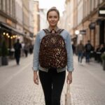Leopard Luxe Backpack with golden brown and black leopard print, sleek silhouette, front pocket, and L’Africaine Boutique emblem.