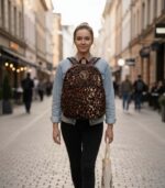 Leopard Luxe Backpack with golden brown and black leopard print, sleek silhouette, front pocket, and L’Africaine Boutique emblem.