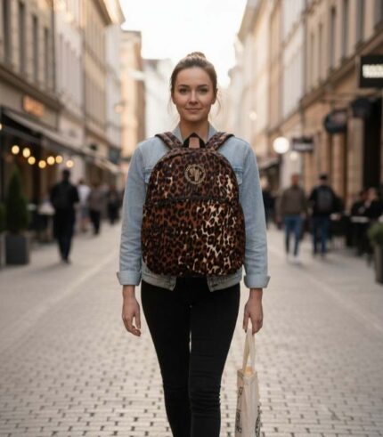 Leopard Luxe Backpack with golden brown and black leopard print, sleek silhouette, front pocket, and L’Africaine Boutique emblem.