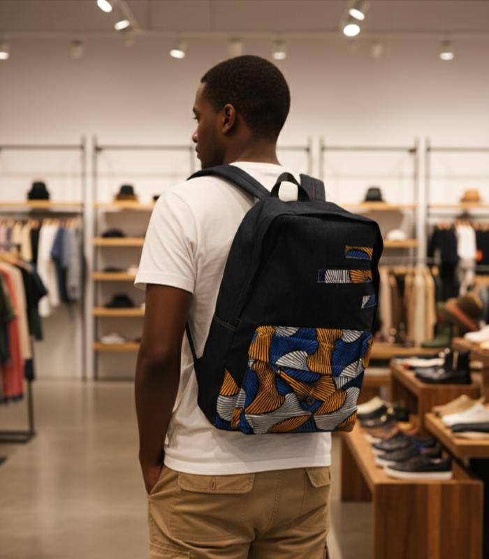 Midnight Geometry Ankara Backpack with black denim and geometric patterns in cobalt blue, golden yellow, and ivory, featuring L’Africaine Boutique logo.