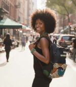 Plume Ankara Backpack with elongated teardrop motifs in teal, golden yellow, and amber orange on ivory, featuring L’Africaine Boutique logo.