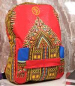 Regal Ankara Backpack with red canvas and intricate Ankara patterns in gold, green, and cobalt blue, featuring L’Africaine Boutique emblem.