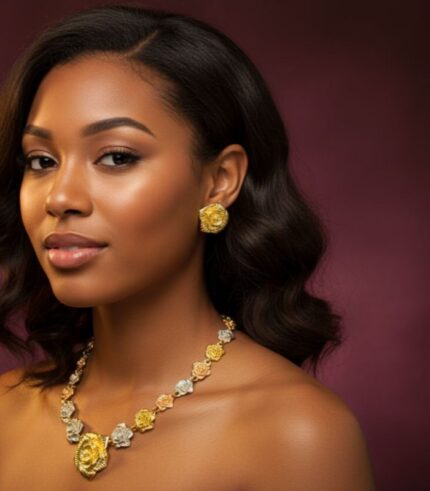 Rose Vine Necklace, Bracelet, and Earrings Set with sculpted gold-plated roses and clear crystal accents from L’Africaine Boutique.