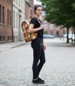 Sola Backpack with vibrant African wax print featuring concentric circles in orange, yellow, terracotta, and cream on durable canvas.