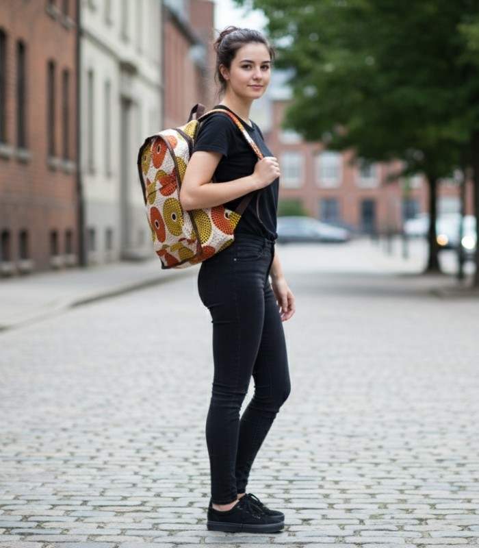 Sola Backpack with vibrant African wax print featuring concentric circles in orange, yellow, terracotta, and cream on durable canvas.