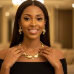 Artistic Gold-Plated Necklace and Earrings Set with engraved abstract motifs and two-tone floral accents from L’Africaine Boutique.