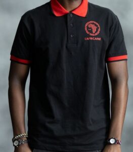 Black & Red Polo shirt with bold red collar and sleeve accents, featuring embroidered L’Africaine Boutique logo on the chest.