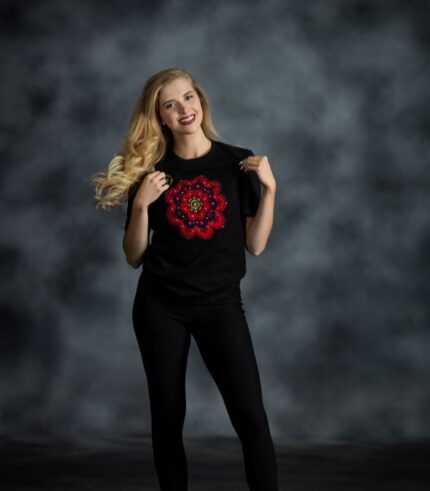 Floral Medallion Tee with layered red and navy floral print, rhinestones, and gold accents on black cotton from L’Africaine Boutique.