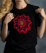 Floral Medallion Tee with layered red and navy floral print, rhinestones, and gold accents on black cotton from L’Africaine Boutique.