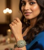 Gold-Plated Oval Bangles with concentric crystal patterns in black, aqua, and ruby tones from L’Africaine Boutique.