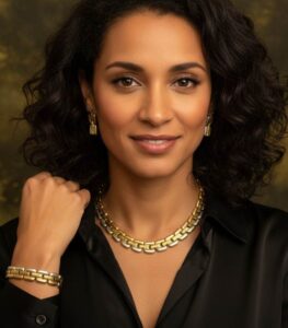 Golden Regal Bridal Set with wide gold-plated necklace, matching bracelet, and earrings featuring intricate patterns from L’Africaine Boutique.