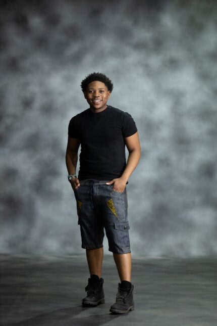 Golden Edge Jorts in deep blue denim with golden triangular patches, designed by L’Africaine Boutique.