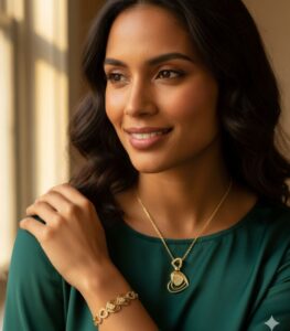 Golden Hearts Symphony Necklace, Bracelet & Earrings Set with gold-plated heart motifs and luminous crystals from L’Africaine Boutique.