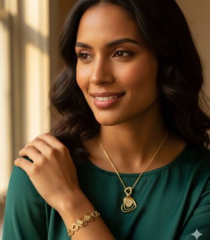 Golden Hearts Symphony Necklace, Bracelet & Earrings Set with gold-plated heart motifs and luminous crystals from L’Africaine Boutique.