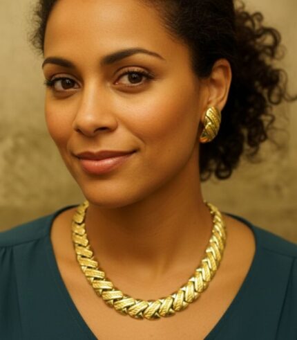 Leaf Link Necklace and Earrings Set with gold-plated leaf-inspired links and textured detailing from L’Africaine Boutique.
