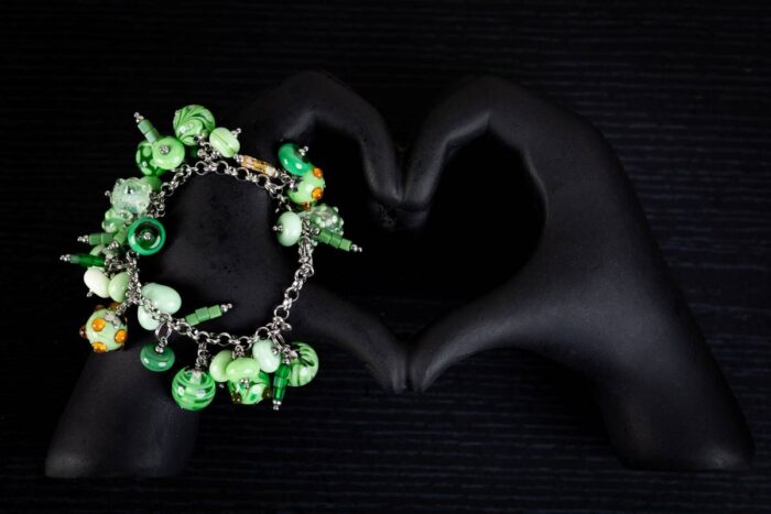 Matcha Latte bracelet with jade, cream, and soft green glass beads from L’Africaine Boutique.