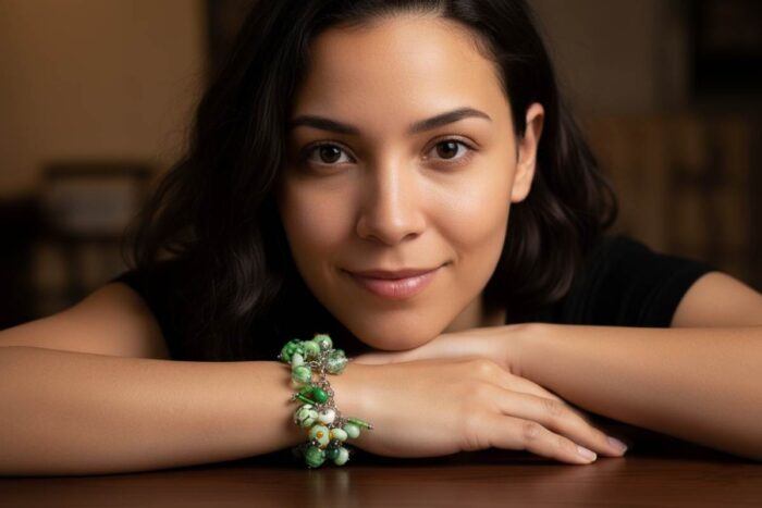 Matcha Latte bracelet with jade, cream, and soft green glass beads from L’Africaine Boutique.