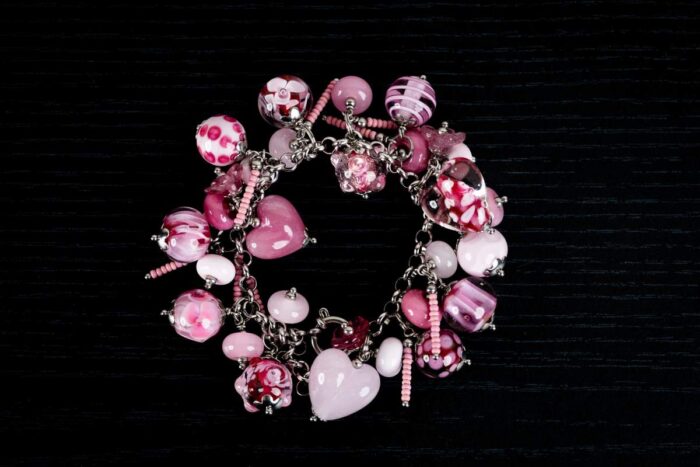 Milkshake Candy bracelet with pink glass beads, candy-striped accents, and marbled gradients from L’Africaine Boutique.