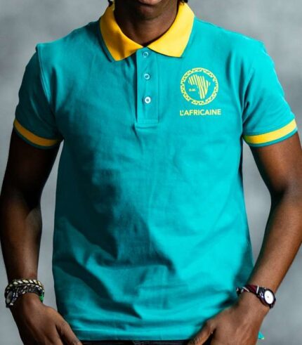 Teal Energy Polo shirt with golden-yellow collar and sleeve accents, featuring embroidered L’Africaine Boutique logo on the chest.