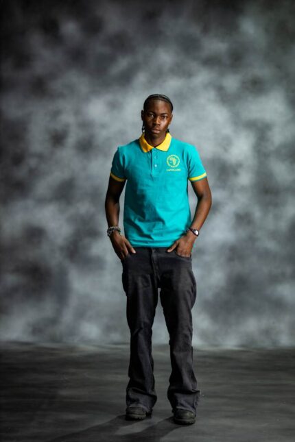 Teal Energy Polo shirt with golden-yellow collar and sleeve accents, featuring embroidered L’Africaine Boutique logo on the chest.