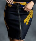 Zahara Zipper Skirt in dark-wash denim with full-length silver zipper and curved royal blue and gold wax print panels from L’Africaine Boutique.