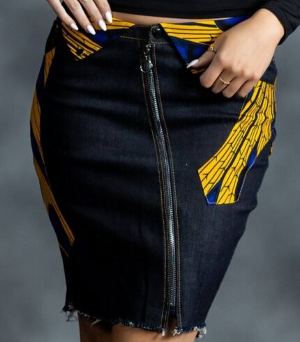Zahara Zipper Skirt in dark-wash denim with full-length silver zipper and curved royal blue and gold wax print panels from L’Africaine Boutique.