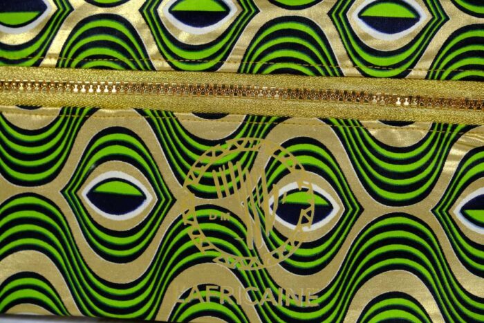 ankara gold wave clutch by L’Africaine Boutique—crafted from wax fabric with gold and green wave print, black detailing, and gold zipper for day or night.