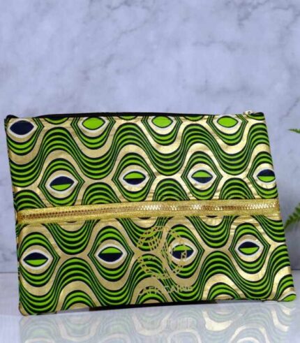 ankara gold wave clutch by L’Africaine Boutique—crafted from wax fabric with gold and green wave print, black detailing, and gold zipper for day or night.
